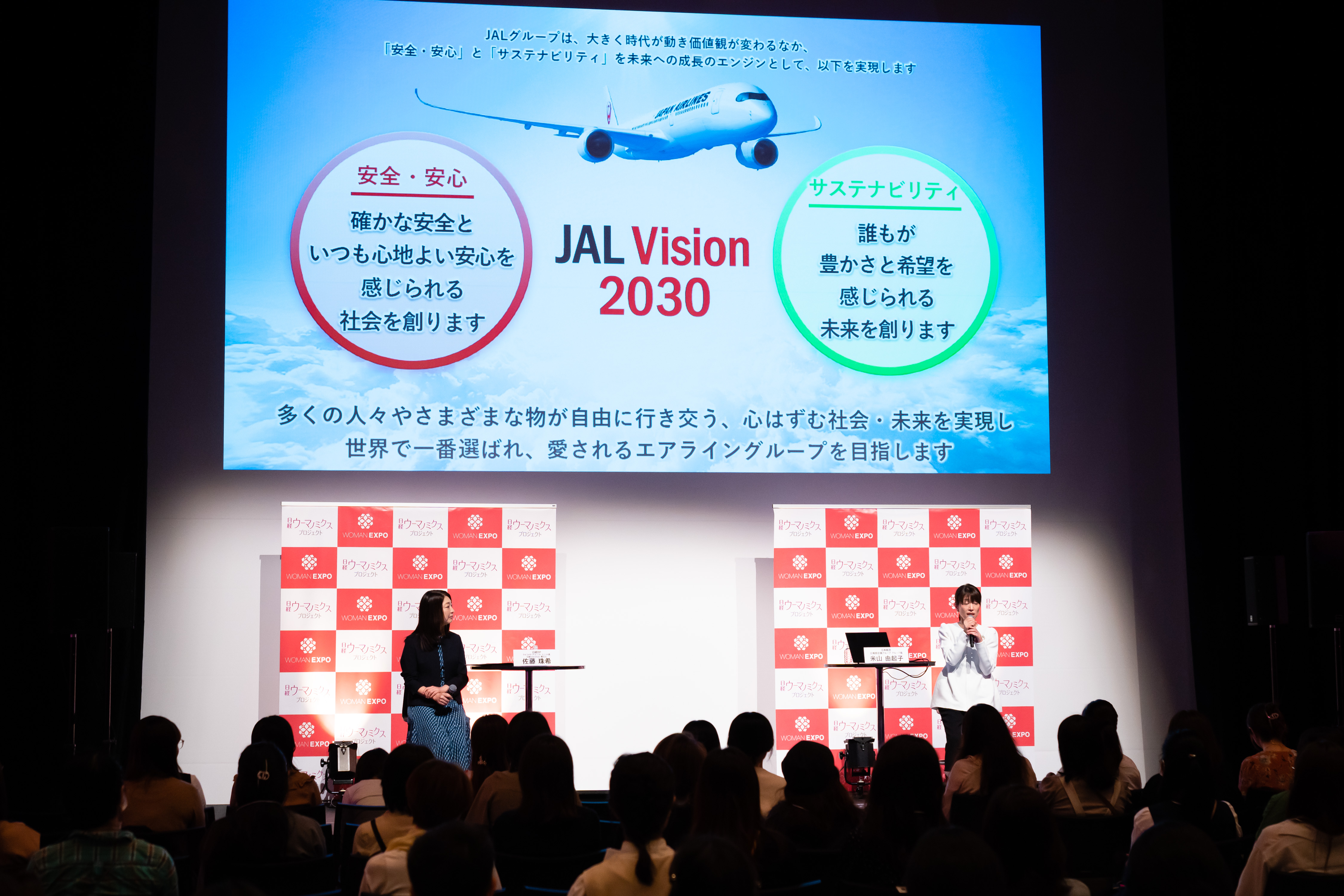 撮影:WOMAN EXPO 2023事務局、右から米山さん<日本航空 広報部企画グループ グループ長>、ファシリテーター:佐藤さん <日経BPライフメディアユニット ユニット長・日経xwoman 発行人>